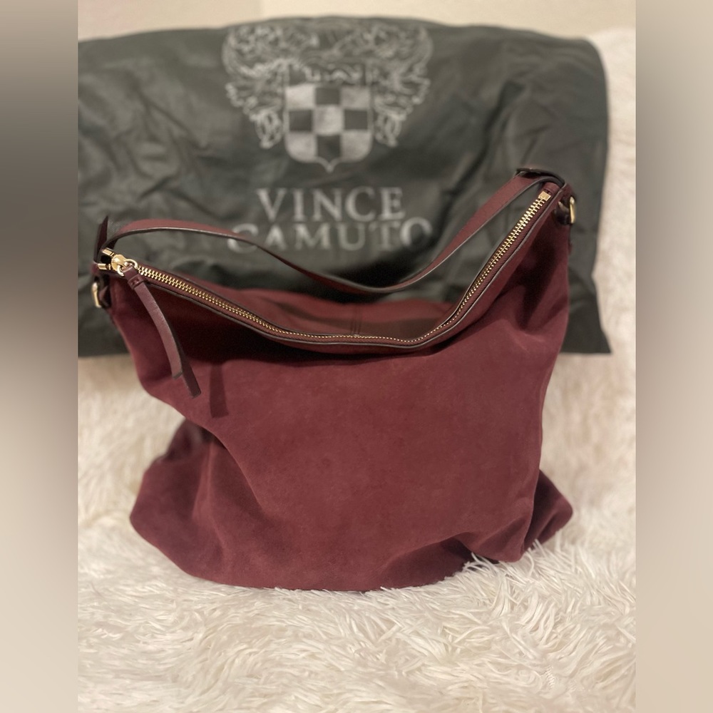 Vince Camuto EloisDeep Sugarplum Large Hobo Shoulder Bag. Suede and Pebbled Leat